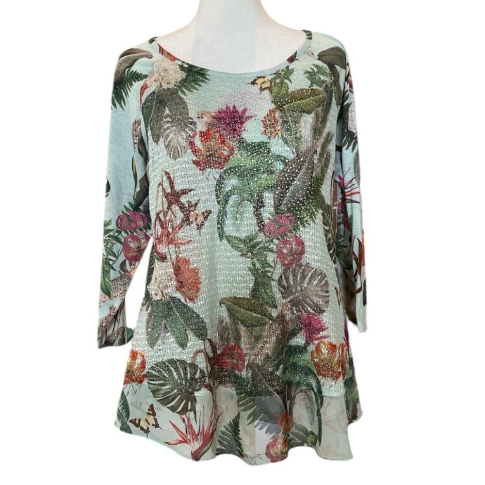 Green Tropical Floral Lightweight Sparkly Layered 3/4 Sleeve Tunic Top Blouse Lg